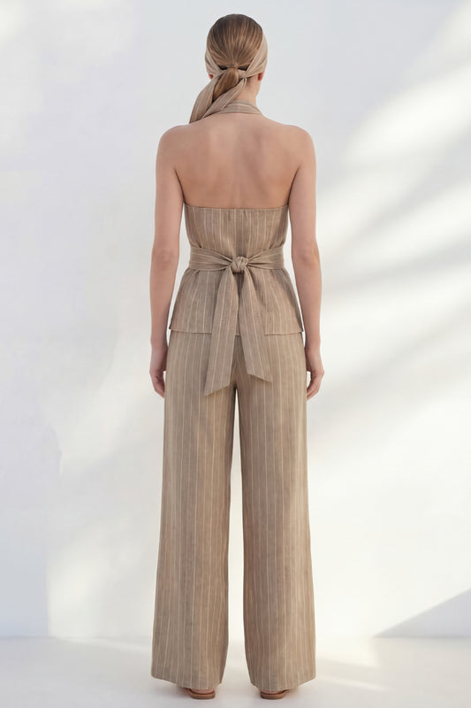 Halter Khaki 2 Piece Striped Wide Leg Business Suits with Belt
