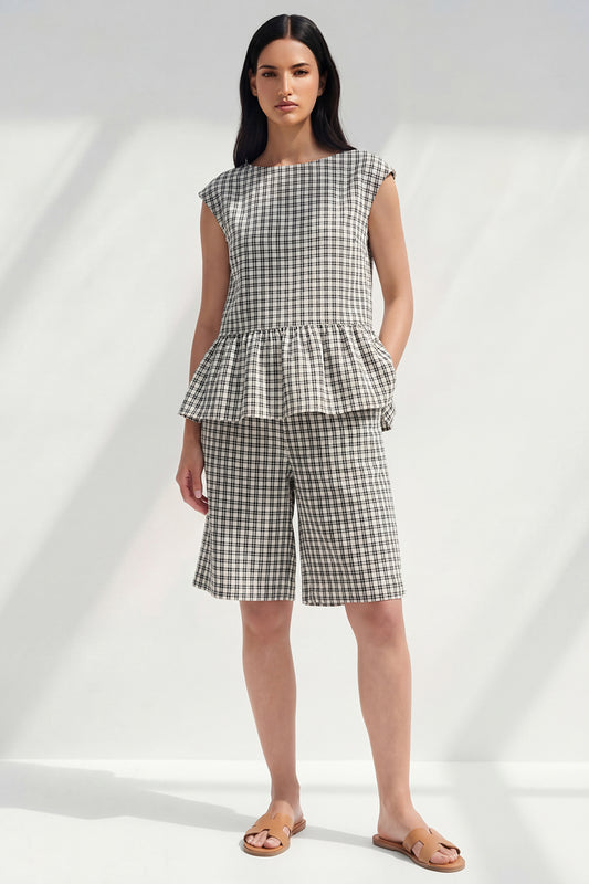 Boat Neck 2 Piece Black and White Plaid Business Suits with Ruffles