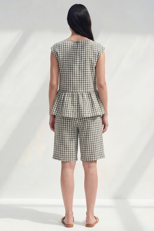 Boat Neck 2 Piece Black and White Plaid Business Suits with Ruffles
