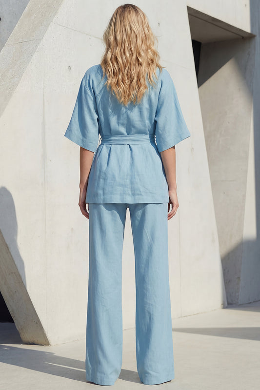Blue 2 Piece Shawl Lapel Half Sleeves Business Suits with Belt