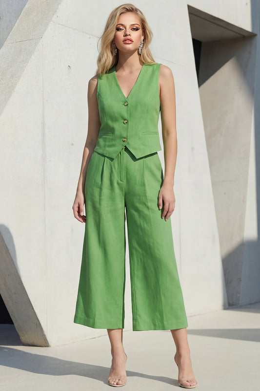 Green Shawl Lapel 2 Piece Single Breasted Wide Leg Business Suits