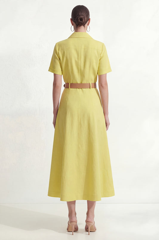 Lemon Yellow Short Sleeves Lapel Neck Work Shirt Dress with Belt