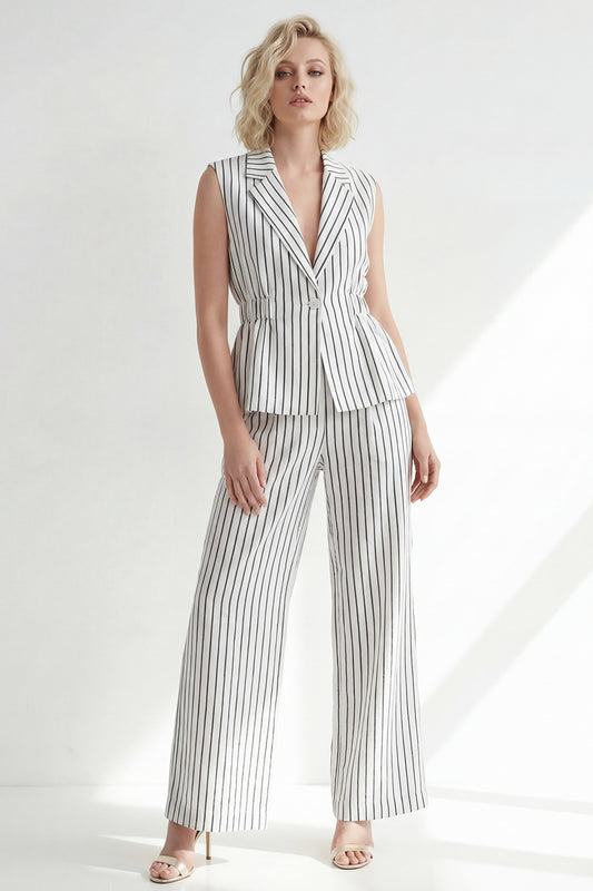 2 Piece Notched Lapel White Striped Single Breasted Wide Leg Business Suits