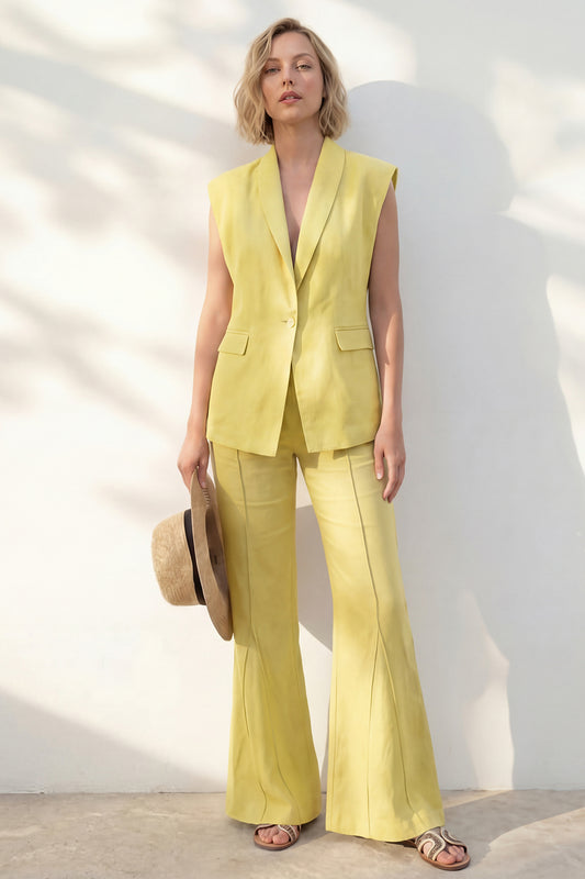Yellow 2 Piece Shawl Lapel Single Breasted Wide Leg Business Suits