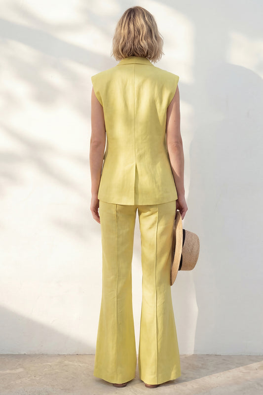 Yellow 2 Piece Shawl Lapel Single Breasted Wide Leg Business Suits
