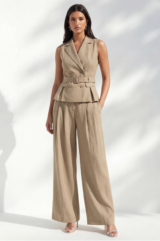 2 Piece Notched Lapel Khaki Double Breasted Business Suits with Pockets