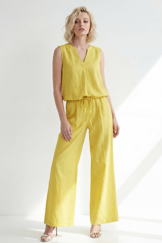 V-Neck Butter Yellow 2 Piece Wide Leg Business Suits