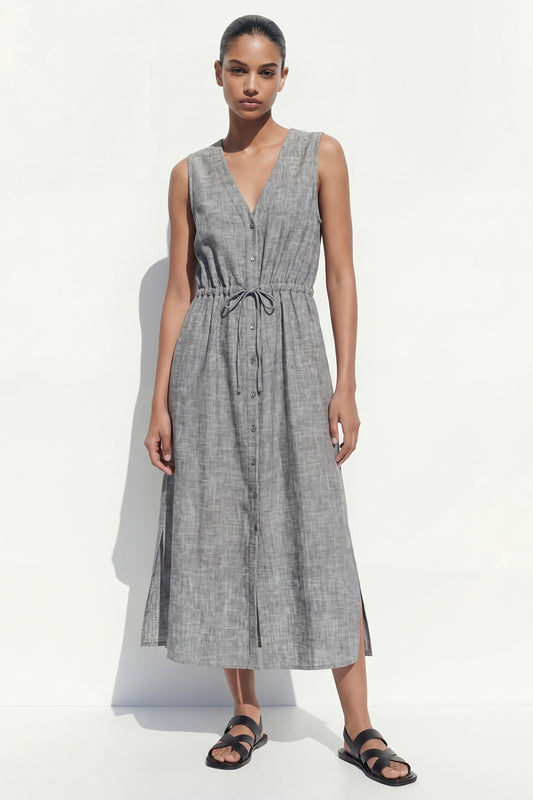 V Neck Grey Single Breasted Work Dress with Slit