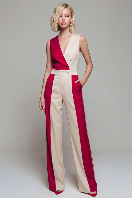 Double Breasted Shawl Lapel Light Khaki Color Block Jumpsuits with Pockets
