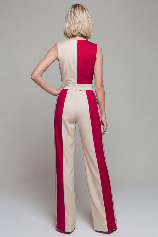 Double Breasted Shawl Lapel Light Khaki Color Block Jumpsuits with Pockets