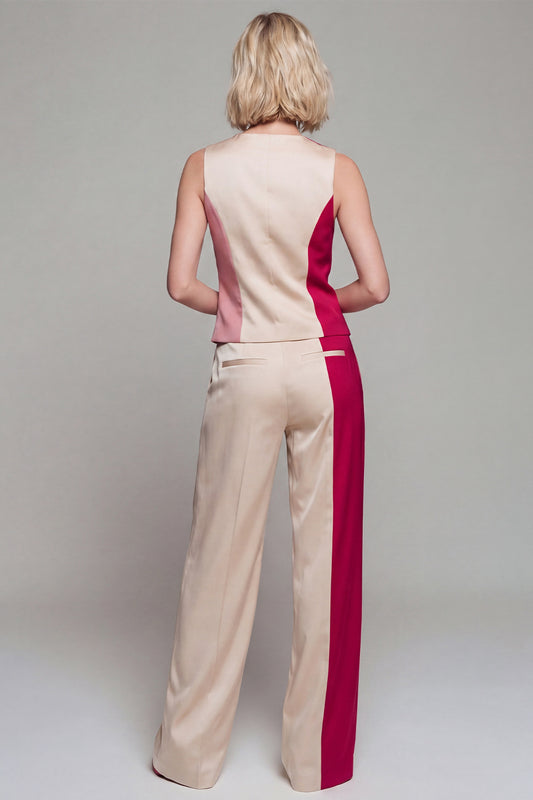 Shawl Lapel Light Khaki Wide Leg Single Breasted 2 Piece Color Block Business Suits