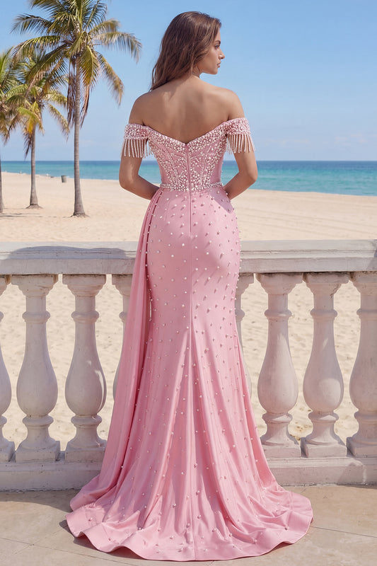 Off the Shoulder Mermaid Pink Fringed Long Prom Dress with Pearls