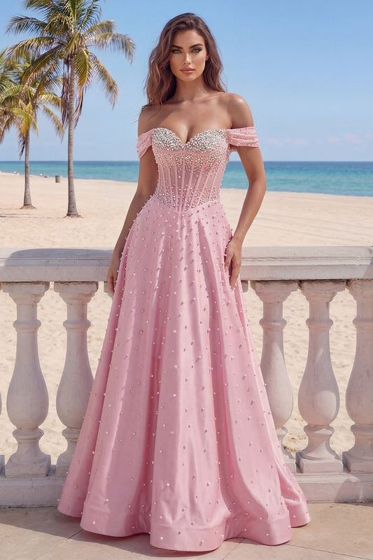 Corset A Line Off the Shoulder Pink Long Prom Dress with Pearls