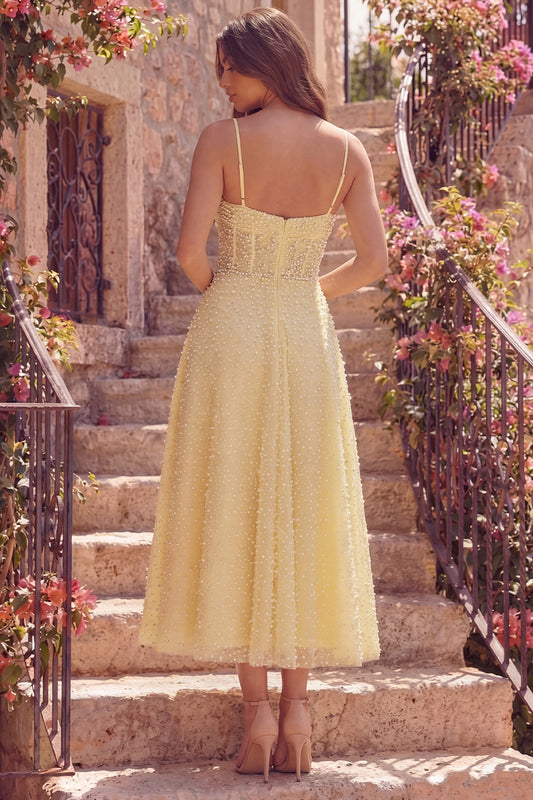 A Line Butter Yellow Corset Maxi Spaghetti Straps Prom Dress with Pearls
