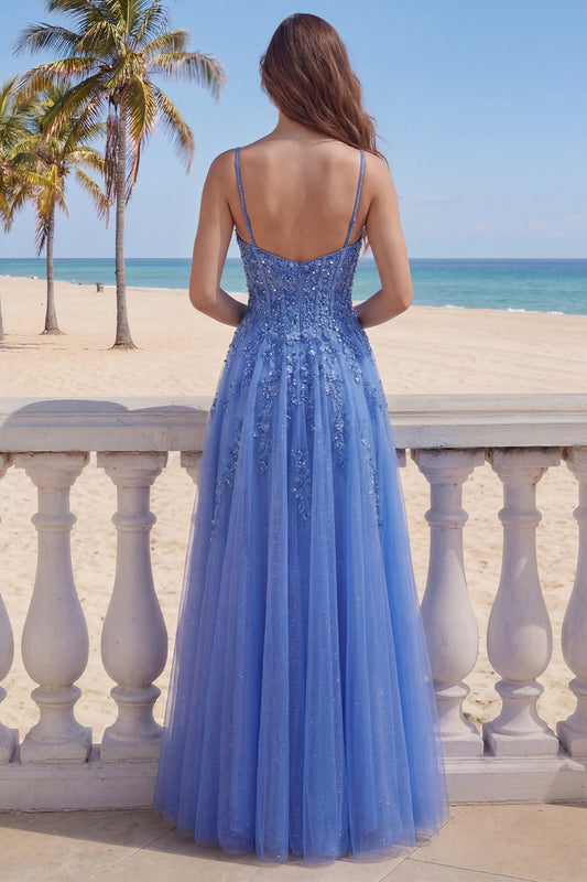 Corset Floral Beaded Sparkly Dark Blue A Line Long Prom Dress with Slit