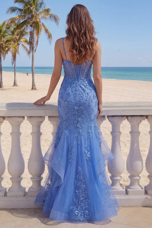Mermaid Glitter Corset Dark Blue Floral Beaded Long Prom Dress with Ruffles