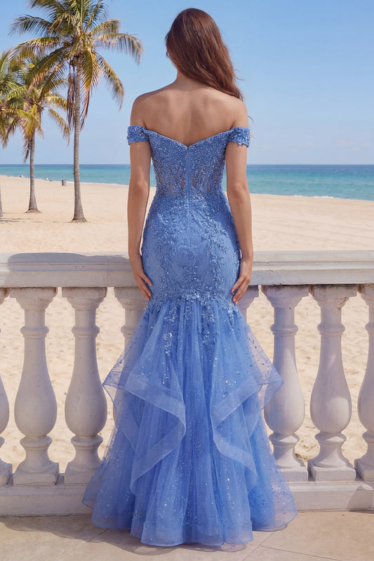 Long Dark Blue Mermaid Glitter Corset Floral Prom Dress with Ruffles