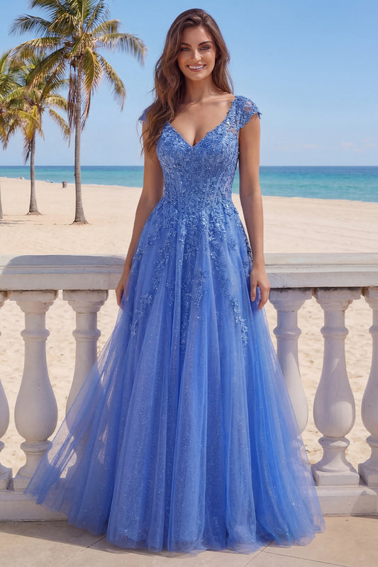 V-Neck A Line Glitter Corset Dark Blue Floral Long Prom Dress