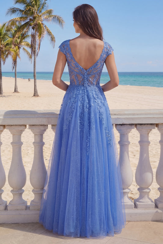 V-Neck A Line Glitter Corset Dark Blue Floral Long Prom Dress