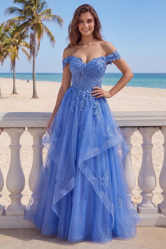 A Line Dark Blue Glitter Corset Floral Long Prom Dress with Ruffles