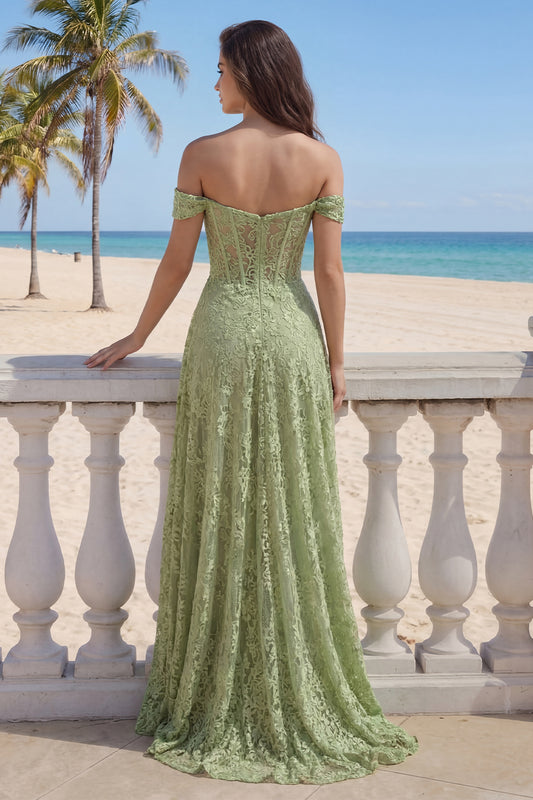 Sage Green Corset Floral Lace A Line Long Prom Dress with Slit