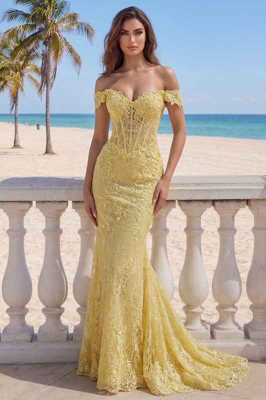 Mermaid Butter Yellow Floral Lace Long Corset Off the Shoulder Prom Dress