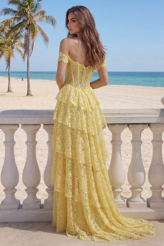 Ruffled Mermaid Butter Yellow Floral Lace Long Corset Prom Dress with Slit