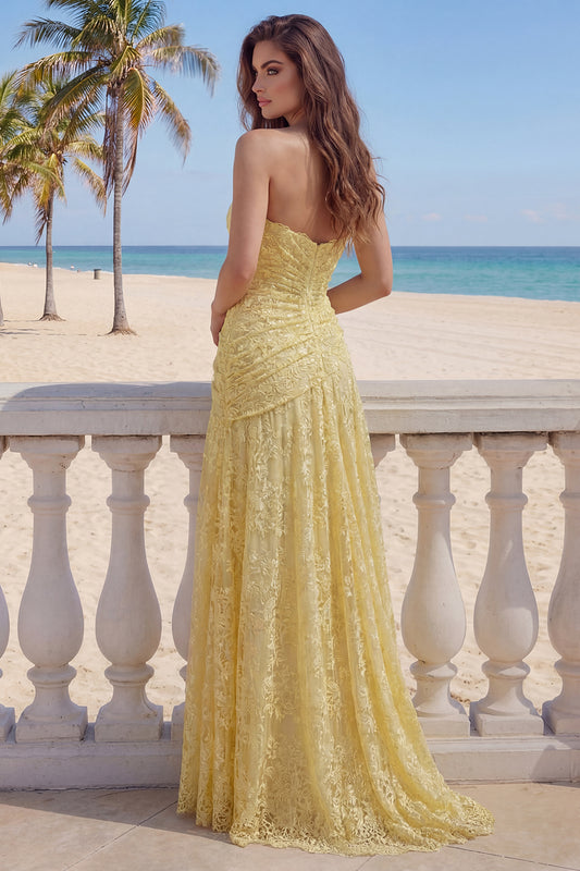 Sweetheart Butter Yellow Floral Lace Long Sheath Ruched Prom Dress