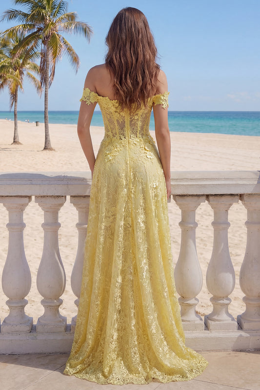 Off the Shoulder Butter Yellow Floral Lace Long A Line Corset Prom Dress