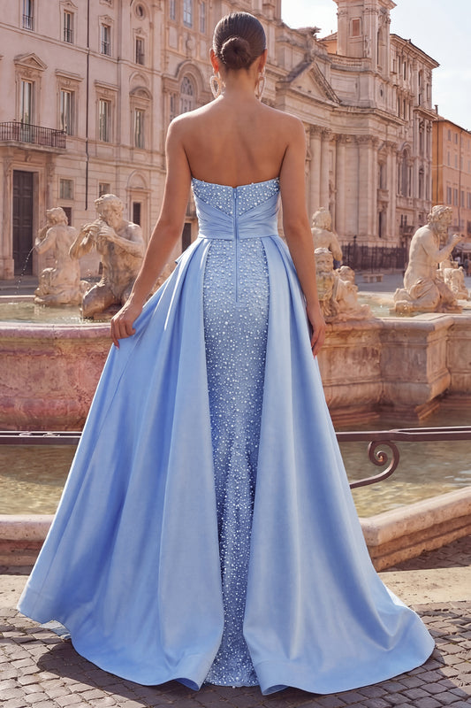 Ruched Mermaid Pearls Blue Strapless Long Prom Dress with Cape