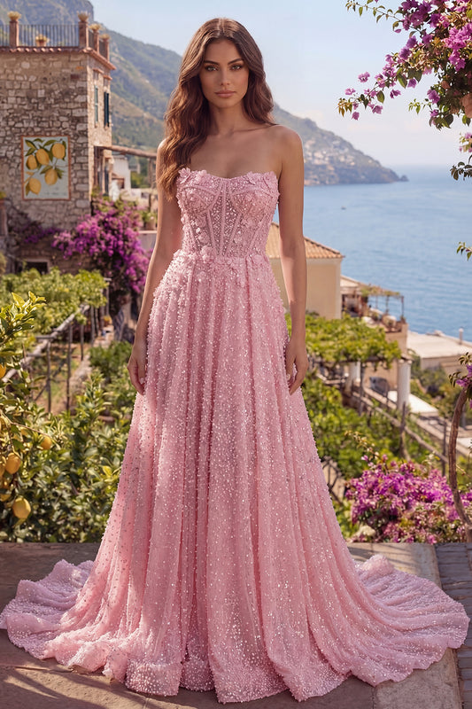 Sparkly Pink A Line Beaded Floral Corset Strapless Long Prom Dress