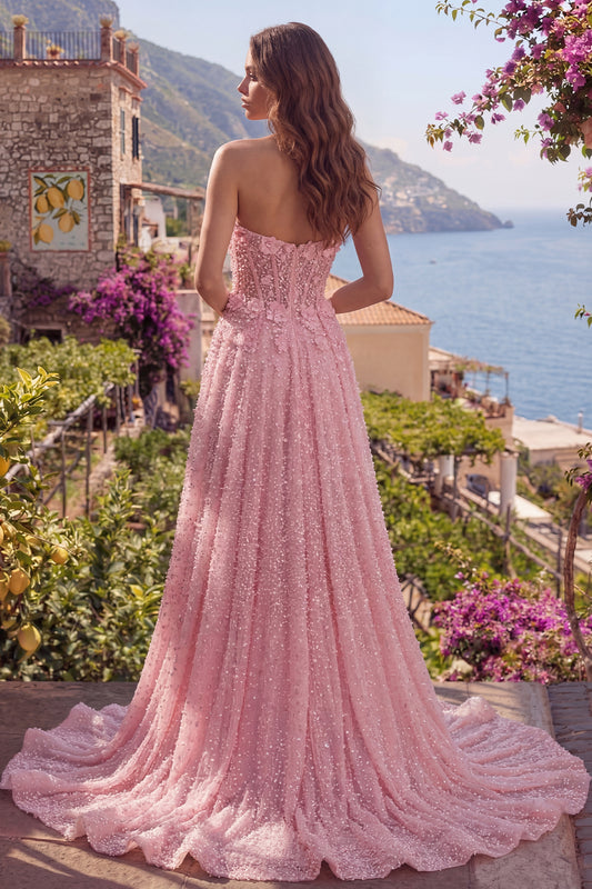 Sparkly Pink A Line Beaded Floral Corset Strapless Long Prom Dress