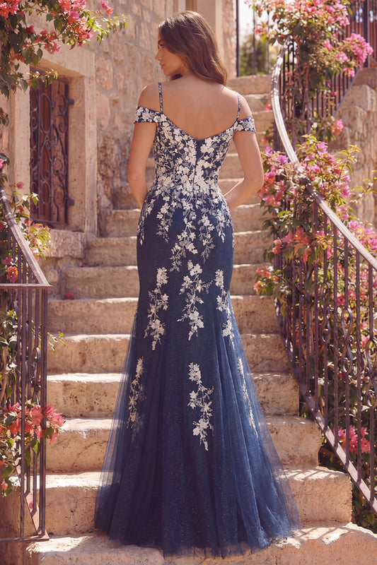 Floral Cold Shoulder Mermaid Navy Glitter Long Prom Dress