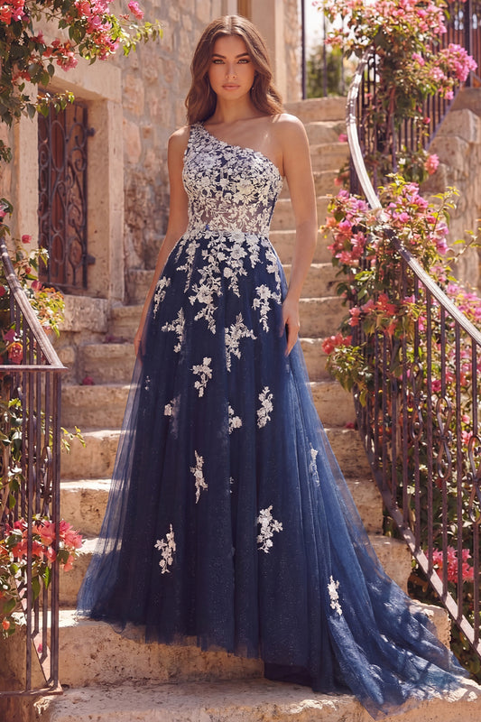 A Line Floral Navy Glitter One Shoulder Long Prom Dress