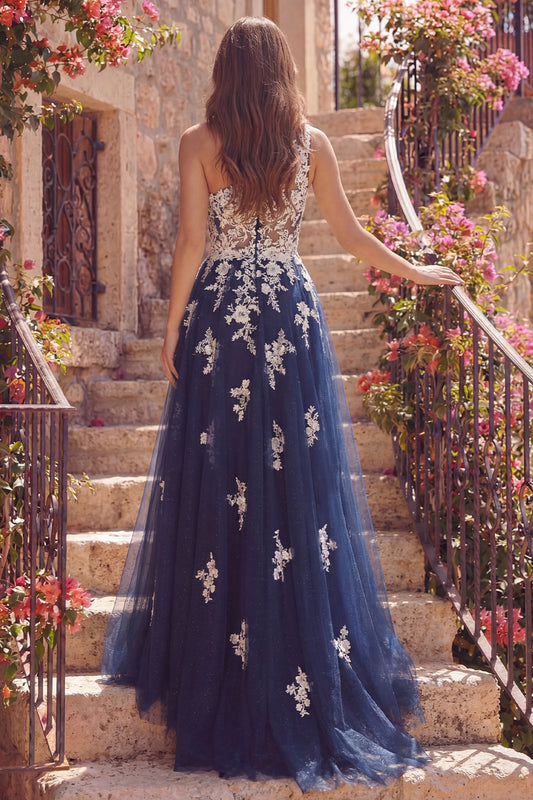 A Line Floral Navy Glitter One Shoulder Long Prom Dress