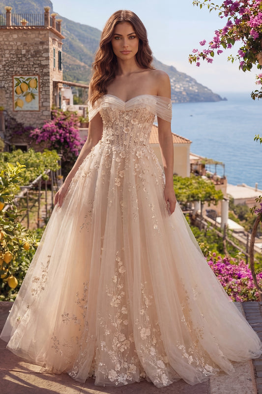 Champagne Corset Off the Shoulder A Line Floral Long Prom Dress