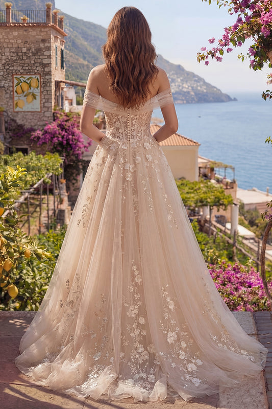 Champagne Corset Off the Shoulder A Line Floral Long Prom Dress