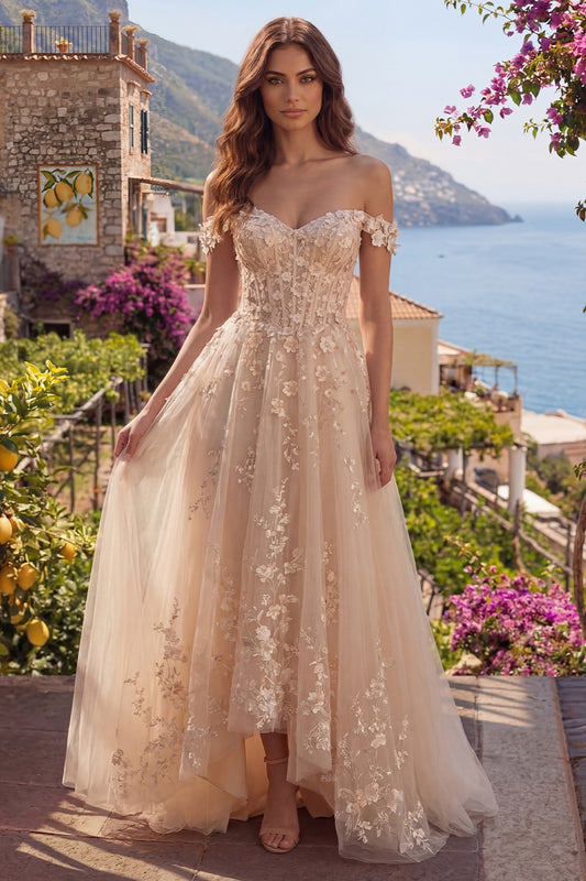 A Line Floral Long Champagne Corset Off the Shoulder Prom Dress