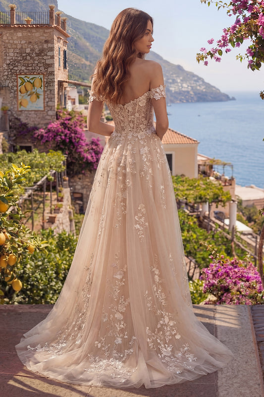 A Line Floral Long Champagne Corset Off the Shoulder Prom Dress