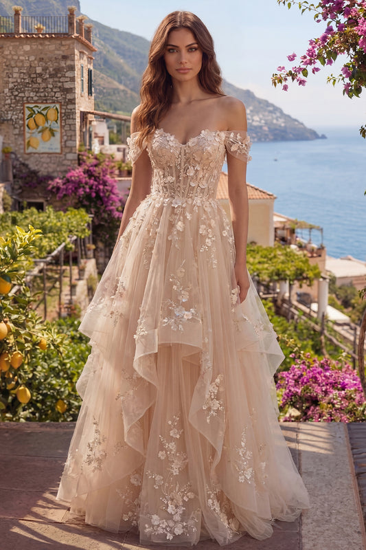 Champagne Off the Shoulder Corset A Line Floral Long Prom Dress with Ruffles