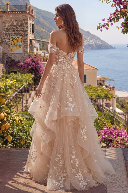 Champagne Off the Shoulder Corset A Line Floral Long Prom Dress with Ruffles