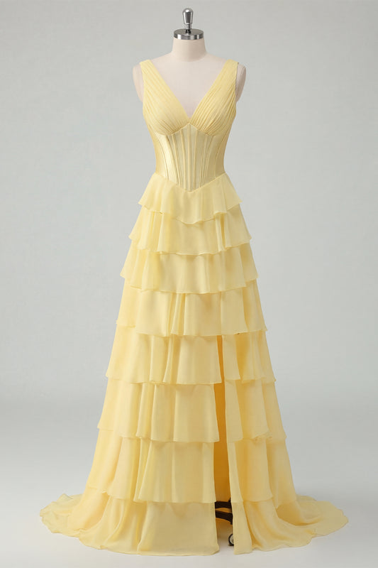 A Line Butter Yellow Ruffled Corset V-Neck Prom Dress with Slit