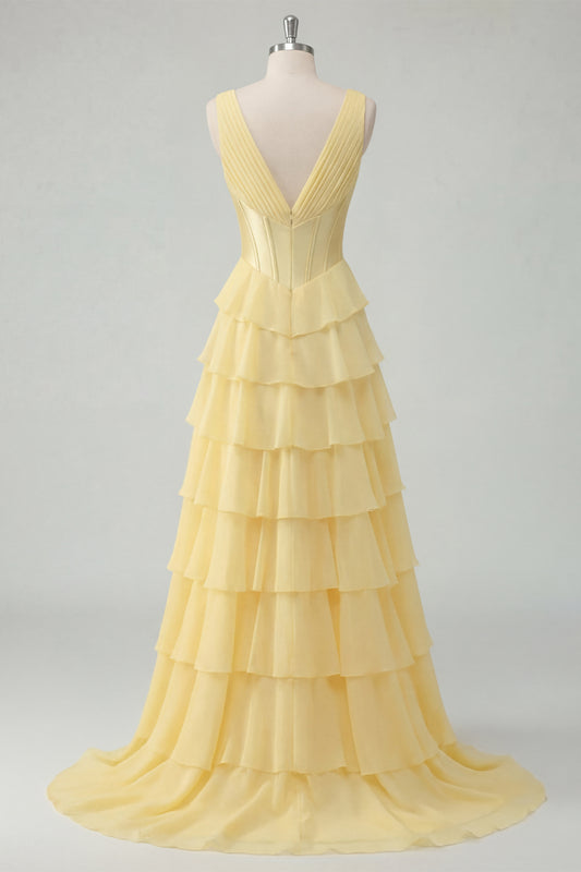 A Line Butter Yellow Ruffled Corset V-Neck Prom Dress with Slit