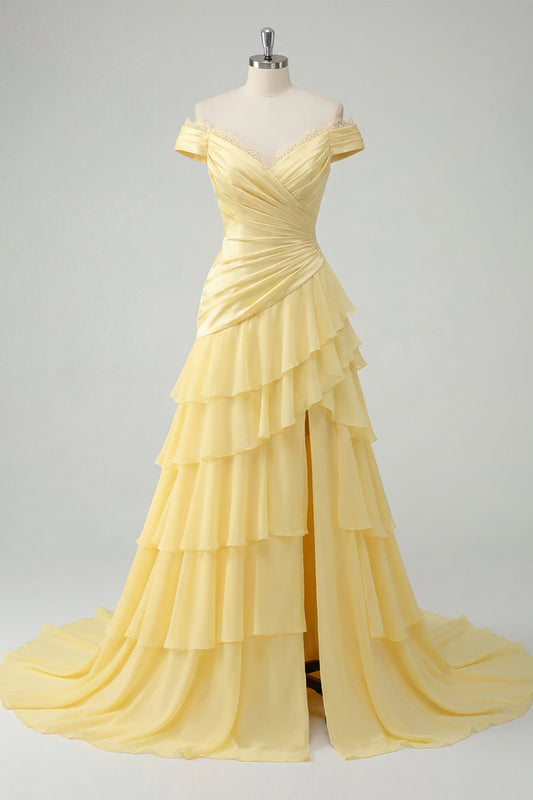 Off the Shoulder A Line Butter Yellow Ruffled Prom Dress with Slit