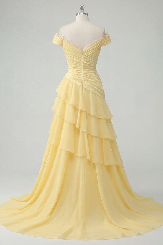 Off the Shoulder A Line Butter Yellow Ruffled Prom Dress with Slit