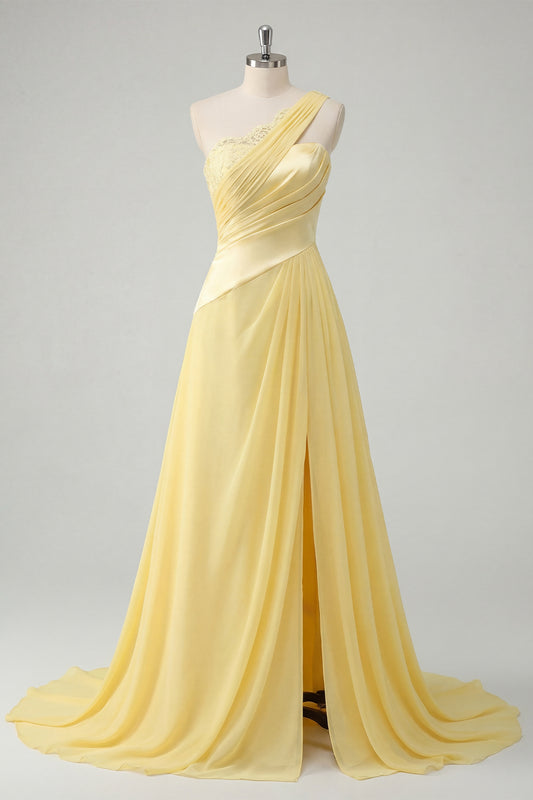 Ruched A Line Butter Yellow One Shoulder Prom Dress with Lace