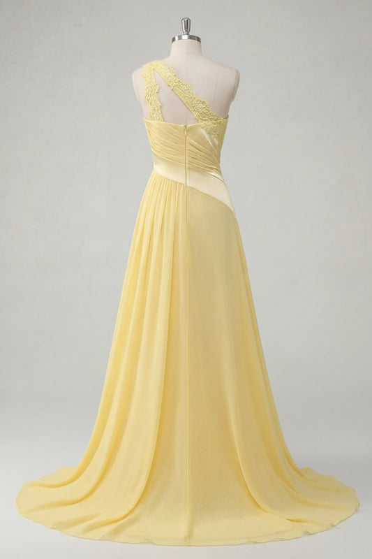 Ruched A Line Butter Yellow One Shoulder Prom Dress with Lace