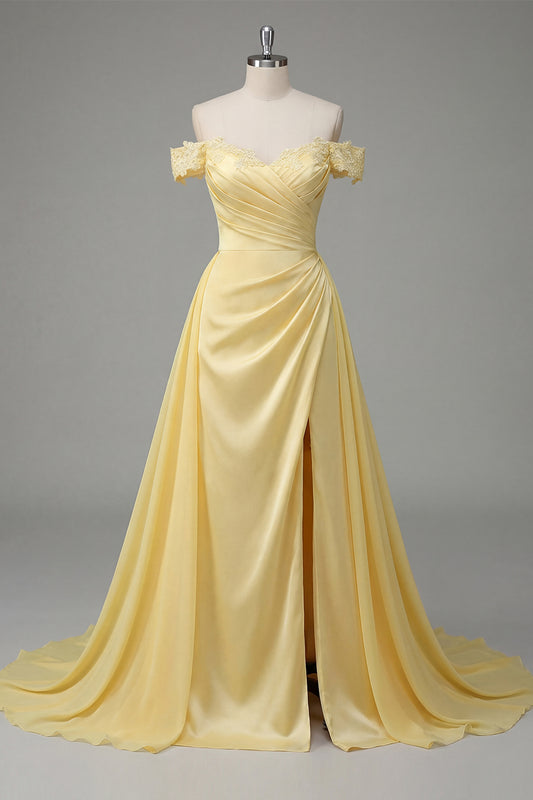 A Line Butter Yellow Ruched Off the Shoulder Prom Dress with Cape