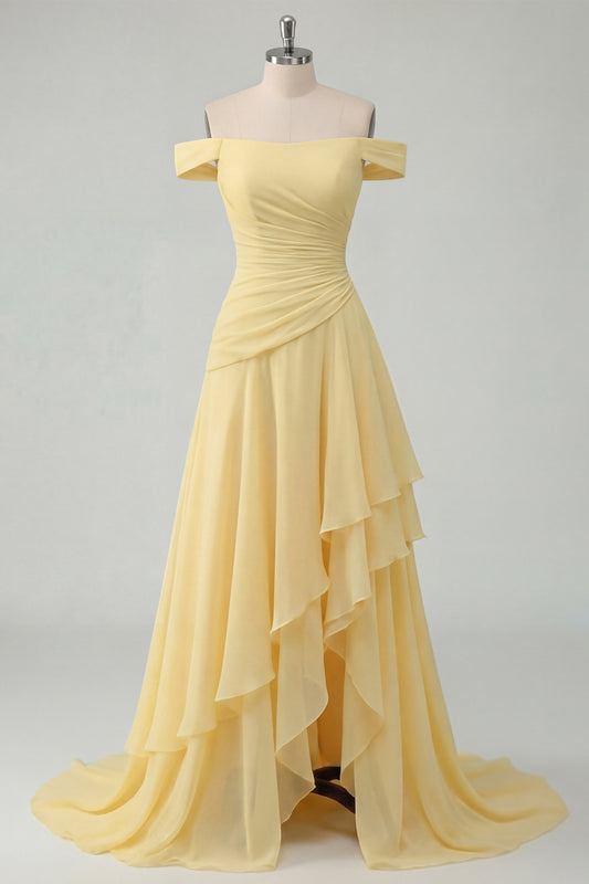 Butter Yellow Chiffon Long Prom Dress with Ruffled Off the Shoulder Ruched A Line Formal Dress with Slit