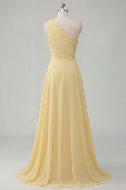 A Line One Shoulder Butter Yellow Ruched Prom Dress with Side Cape
